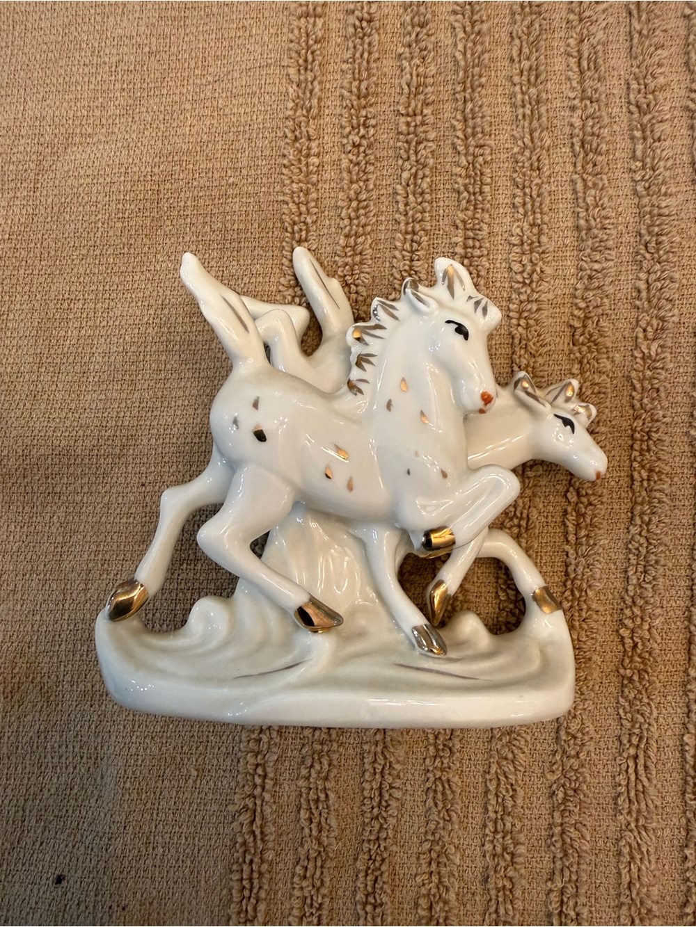 White Ceramic Pegasus horses Figurine with Gold Accents